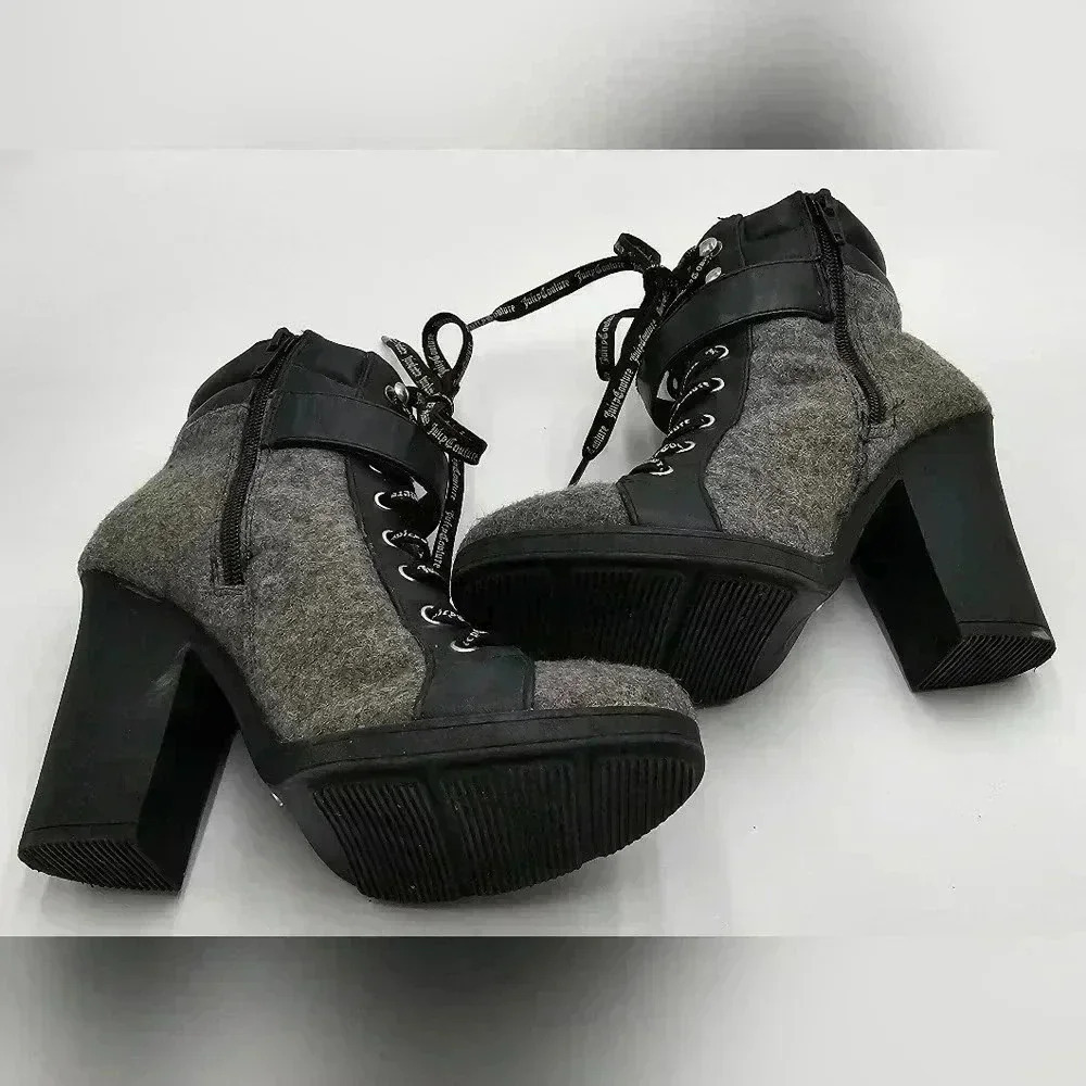 Juicy Couture Womens Size 6.5 Lace Up Grey Wool Heeled Boots - Picture 6 of 7
